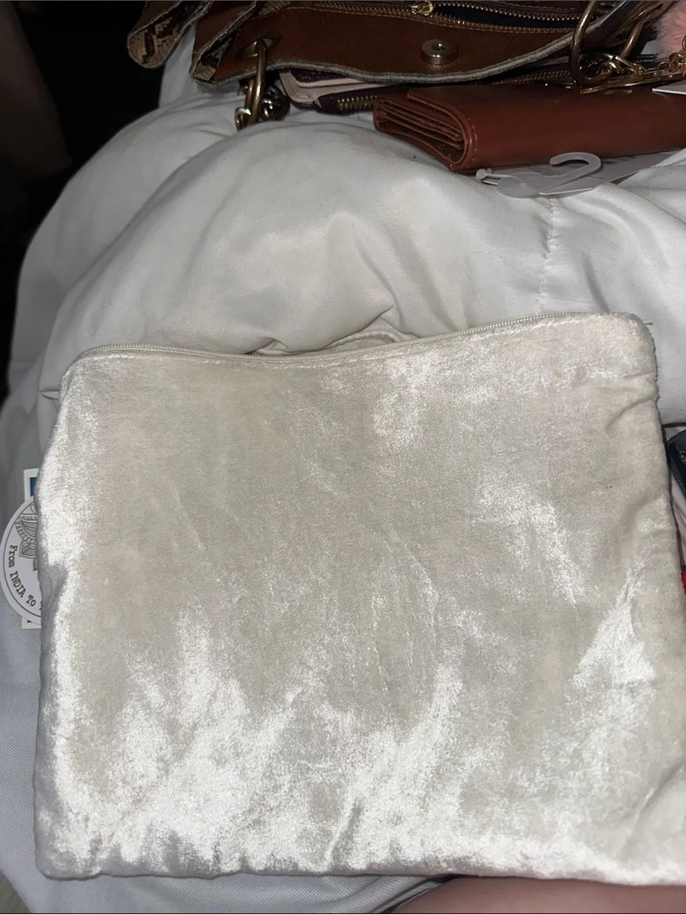 NWT from India to you Embroidered Floral Velvet Cosmetic Pouch in Cream big size